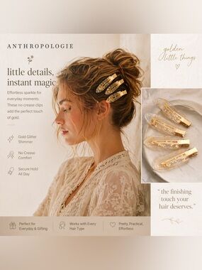 Anthropologie Style Gold Glitter No Crease Hair Clips Set of 4 Resin Barrettes